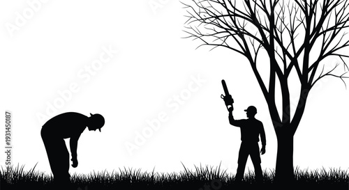 Hunter silhouette with rifle near tree and exhausted man in grass isolated on white background vector illustration