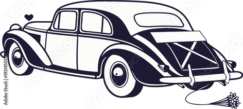 Vintage black and white illustration of a classic car with heart shape above.