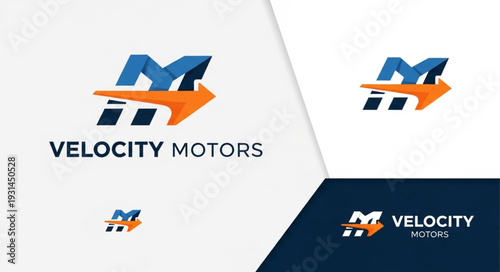 Velocity Motors Logo Design with Arrow and M Letter.