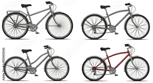 Four Different Bicycle Illustrations on White Background.