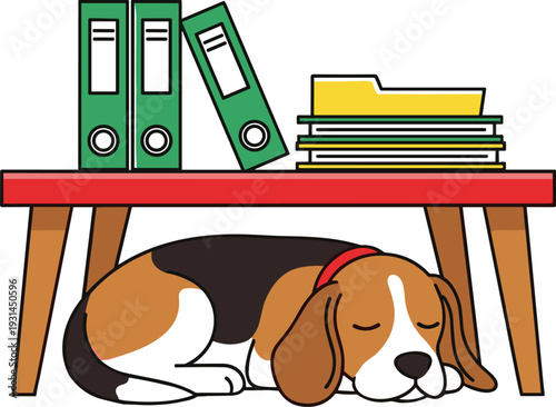 A brown and white beagle dog sleeps under a wooden desk with green binders and a yellow folder on