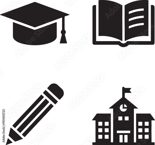 Education icons including graduation cap book pencil and school building