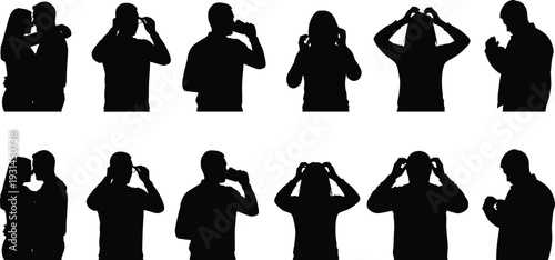 People drinking water and beverages silhouettes set isolated on white background lifestyle hydration vector illustration