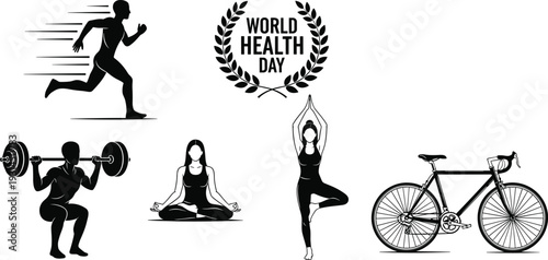 Black and white of people exercising and a bicycle for health day running weightlifting