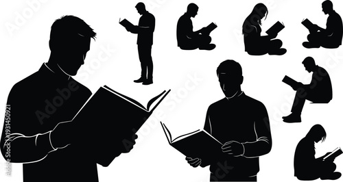 People reading books in different poses silhouettes isolated on white background education and knowledge vector illustration