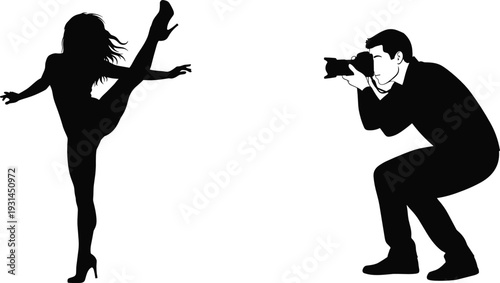 Photographer taking picture of dancing woman silhouette isolated on white background creative photoshoot vector illustration