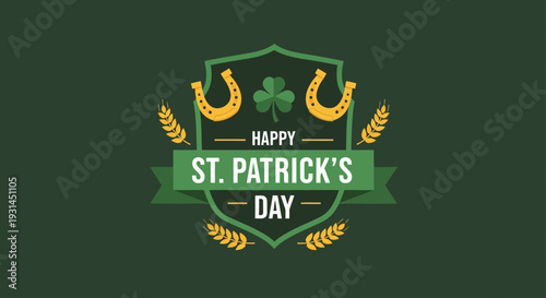 Festive St. Patrick's Day emblem featuring a lucky shamrock and golden horseshoes within a classic shield design, perfect for holiday celebrations