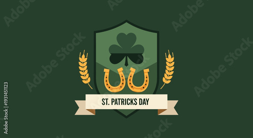 Vibrant St. Patrick's Day emblem showcasing a lucky shamrock, golden horseshoes, and decorative wheat stalks, perfect for celebrating Irish culture and good fortune on the festive holiday