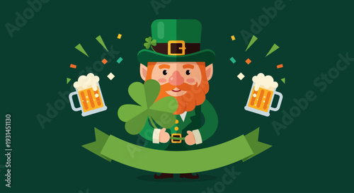 Cheerful Leprechaun Celebrating St. Patrick's Day with a Lucky Clover and Foaming Beer Mugs, Perfect for Festive Holiday Greetings and Event Promotions