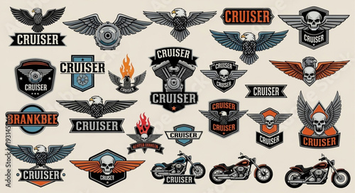Collection of motorcycle club emblems and logos with eagles and skulls.