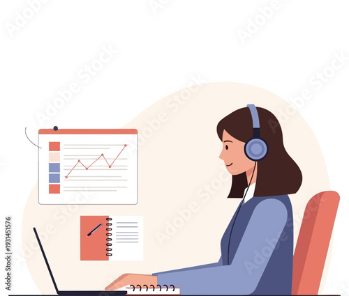 Remote work essentials woman working from home with laptop and headset