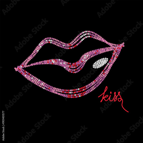 Glamorous pink sequin lips with red "kiss" text on a black background, glitzy fashion graphic design.