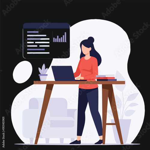 Remote work concept with woman working on laptop at home office