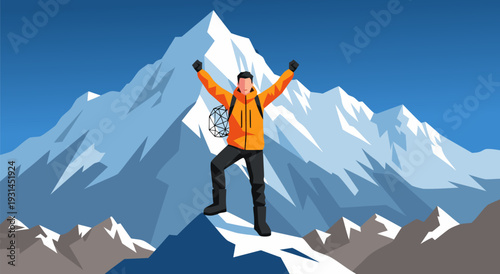 Summit success vector illustration of a triumphant mountaineer standing on a snowy mountain peak with arms raised in celebration
