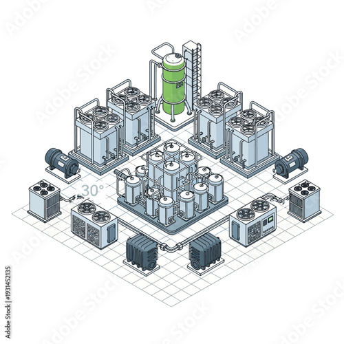 Isometric illustration of a complex industrial water treatment system with multiple filtration units, pumps, and a central processing tower.