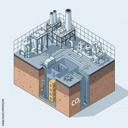 Diagram illustrating a carbon capture and storage facility, showing industrial infrastructure and underground CO2 injection.