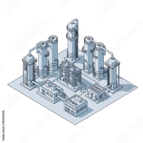 Isometric illustration of a complex industrial chemical processing plant with multiple distillation columns and interconnected infrastructure.