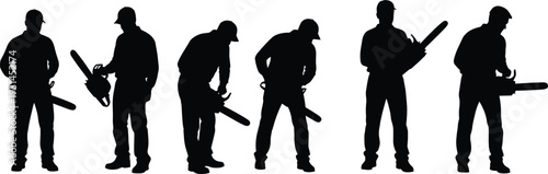 Worker silhouettes holding chainsaw in different poses isolated on white background forestry industry vector illustration