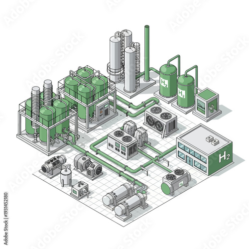 Isometric illustration of a modern green hydrogen production facility, showcasing advanced industrial equipment and infrastructure for sustainable energy.