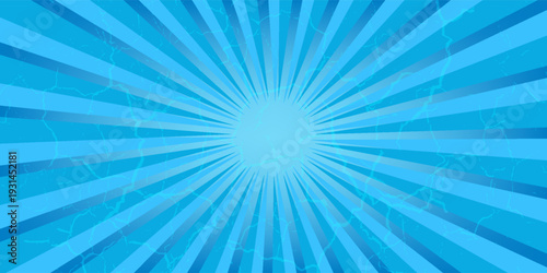 Comic background. Pop art texture. Starburst cartoon style. Anime design with explosion effect for print. Fun dot pattern. Blue backdrop with halftone gradient. Funny line frame. Vector illustration