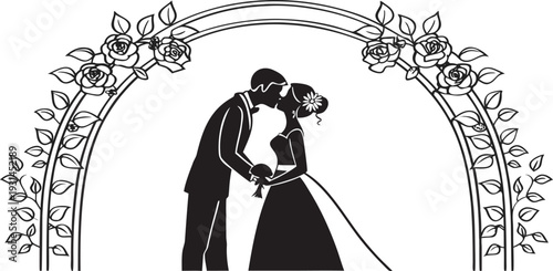 Romantic wedding couple silhouette under floral archway, black and white illustration
