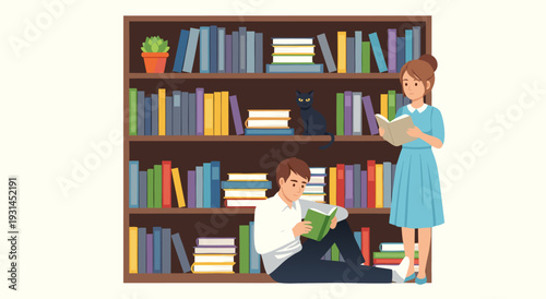 A captivating vector illustration depicting a cozy scene of a man and a woman reading books next to a bookshelf filled with various books and a black cat