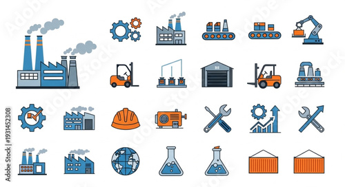 Industrial factory and manufacturing icons set.