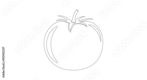 Simple line drawing of a tomato with stem and leaves on white background