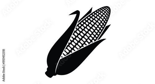 A stylized black silhouette of a corn cob with husk leaves
