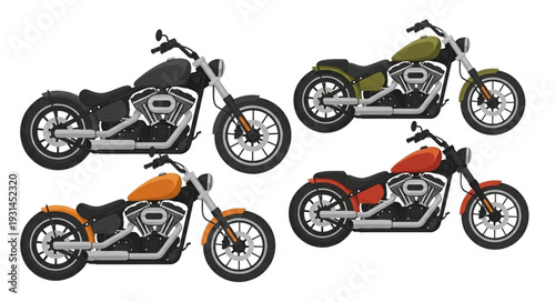 Four Chopper Motorcycles in Different Colors Isolated on White.