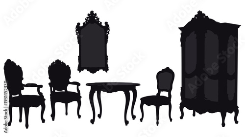 A set of elegant furniture silhouettes on a white background