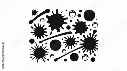 A black and white illustration of various splatters and shapes on a plain background