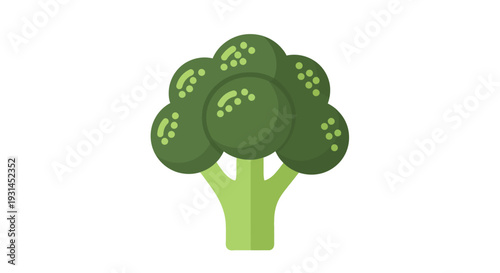 A stylized illustration of a vibrant green broccoli floret with a light green stem