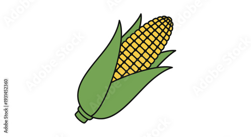 Illustration of a single ear of corn with bright yellow kernels and green husk