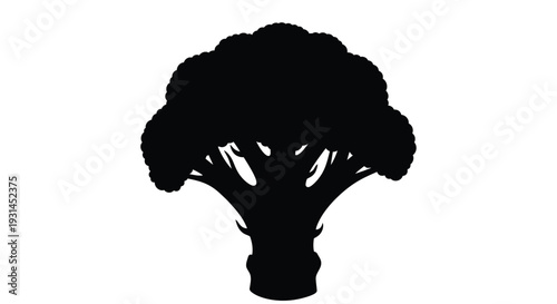 A stark silhouette of a broccoli floret against a plain white background