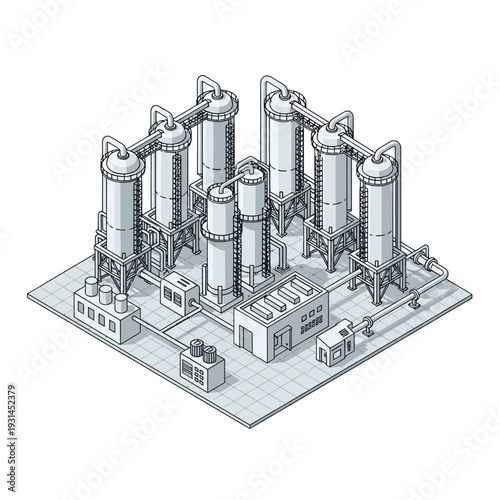 Isometric illustration of a complex industrial chemical processing plant with multiple distillation towers and interconnected piping systems.