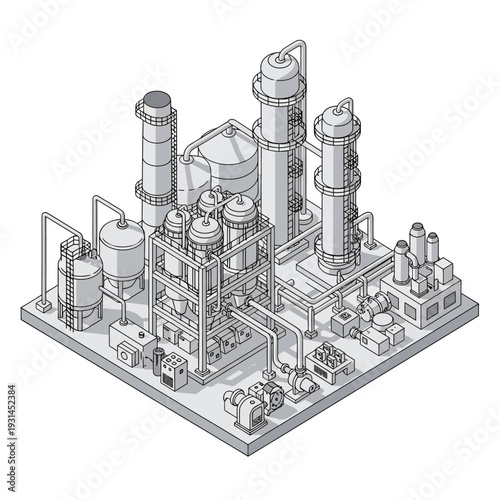 Isometric illustration of a complex industrial chemical processing plant with multiple towers, tanks, pipes, and machinery.