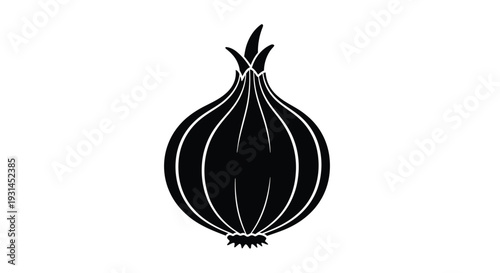 A simple black silhouette of an onion with a stem and root