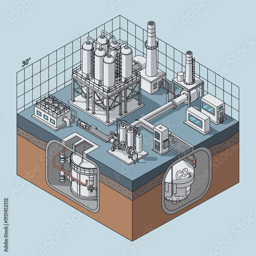 Isometric illustration of a complex industrial facility, showcasing above-ground structures and underground components, likely related to energy production or chemical processing.