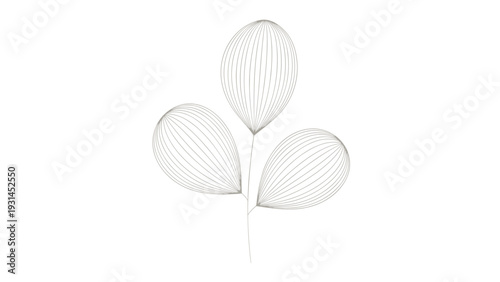 Minimalist line art illustration of three leaves with delicate vertical lines is isolated on a plain white background for design.