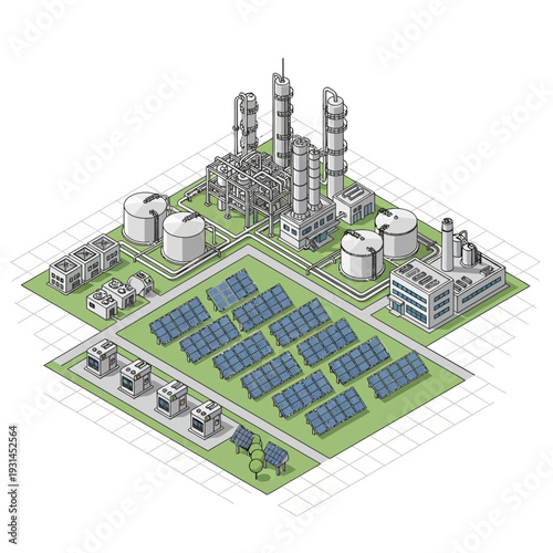Isometric illustration of a modern industrial complex featuring solar panels and advanced processing units, symbolizing sustainable energy integration in manufacturing.