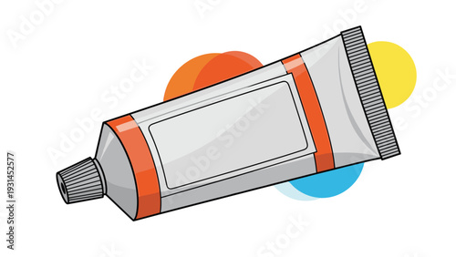 Aluminum tube of artist paint or cosmetic cream shown at an angle with orange stripes and colorful abstract circles in the background.