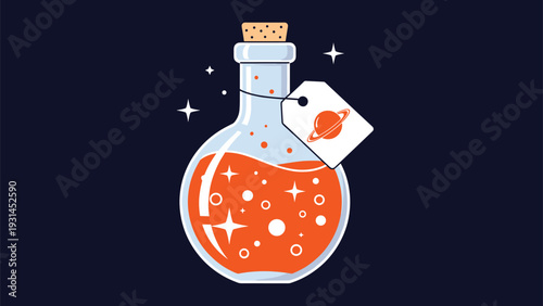 Magic potion bottle containing glowing orange liquid and stars with a decorative tag featuring a planet on a dark blue background.