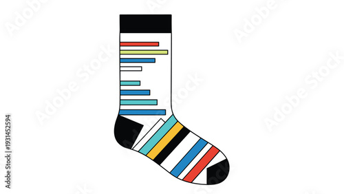 Fun and quirky white sock design featuring colorful horizontal and diagonal stripes in red blue yellow and green on a white background.