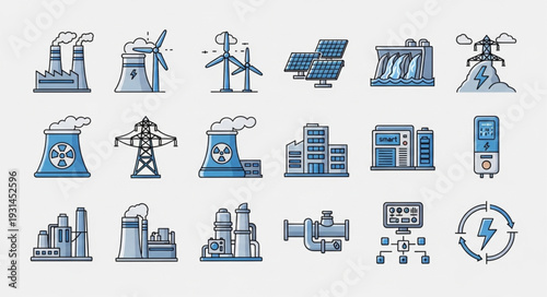 Collection of industrial energy production and power generation icons.