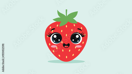 Adorable cartoon strawberry character with large expressive eyes and a cute smiling face isolated on a soft pastel green background.