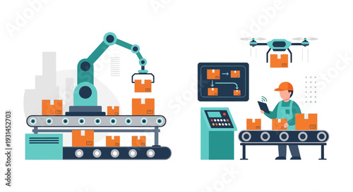 Automated Logistics and Supply Chain Management with Robotics and Drone Delivery. Modern Smart Factory and Warehouse Operations for E-commerce Fulfillment.