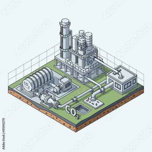 Isometric illustration of a carbon capture and storage facility, showing CO2 injection into underground geological formations.