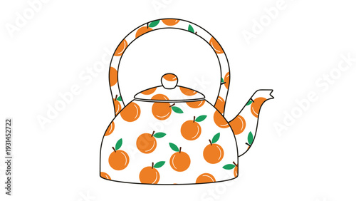 Traditional teapot with a round body and large handle decorated with a cheerful pattern of orange fruits and green leaves.