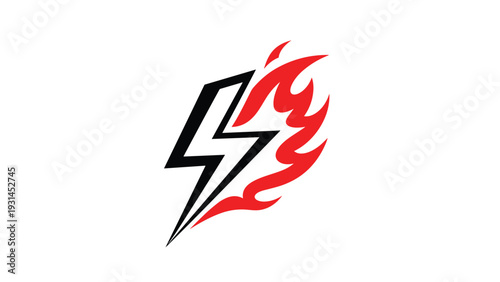 Powerful black lightning bolt symbol with a vibrant red flame tail trailing behind it isolated on a plain white background.